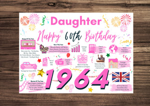 60th Birthday Card For Daughter , Born In 1964 Facts Milestone
