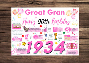 90th Birthday Card For GREAT GRAN Birthday Card For Her, Happy 90th Greetings Card Born In 1934 Facts