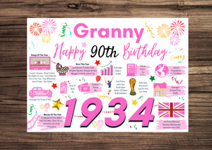 90th Birthday Card For Granny, Birthday Card For Her, Happy 90th Greetings Card Born In 1934 Facts