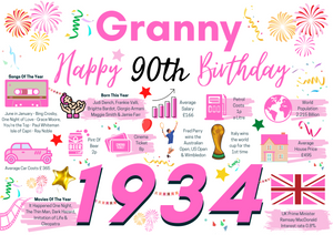 90th Birthday Card For Granny, Birthday Card For Her, Happy 90th Greetings Card Born In 1934 Facts