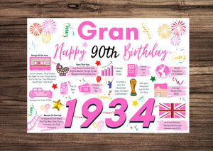90th Birthday Card For Gran Grandmother, Birthday Card For Her, Happy 90th Greetings Card Born In 1934 Facts