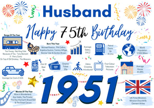 75th Birthday Card For Husband, 75 Birthday Card For Him, Born In 1951 Facts Milestone