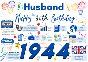 80th Birthday Card For Husband,  Born In 1944 Facts Milestone