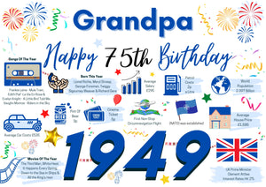 75th Birthday Card For Grandpa, Birthday Card For Him, 75 Happy 75th Greetings Card Born In 1949 Facts Milestone