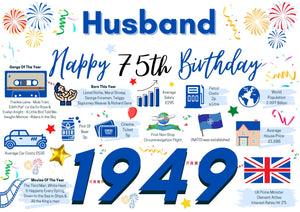 75th Birthday Card For Husband, 75 Birthday Card For Him, Happy 75th Greetings Card Born In 1949 Facts Milestone