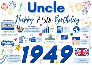 75th Birthday Card For Uncle, Birthday Card For Him, Happy 75th Greetings Card Born In 1949 Facts Milestone 75