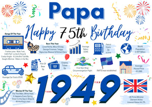 75th Birthday Card For Papa , Birthday Card For Him, 75 Happy 75th Greetings Card Born In 1949 Facts Milestone