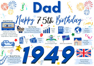 75th Birthday Card For Dad Father , Birthday Card For Him, 75 Happy 75th Greetings Card Born In 1949 Facts Milestone