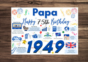 75th Birthday Card For Papa , Birthday Card For Him, 75 Happy 75th Greetings Card Born In 1949 Facts Milestone