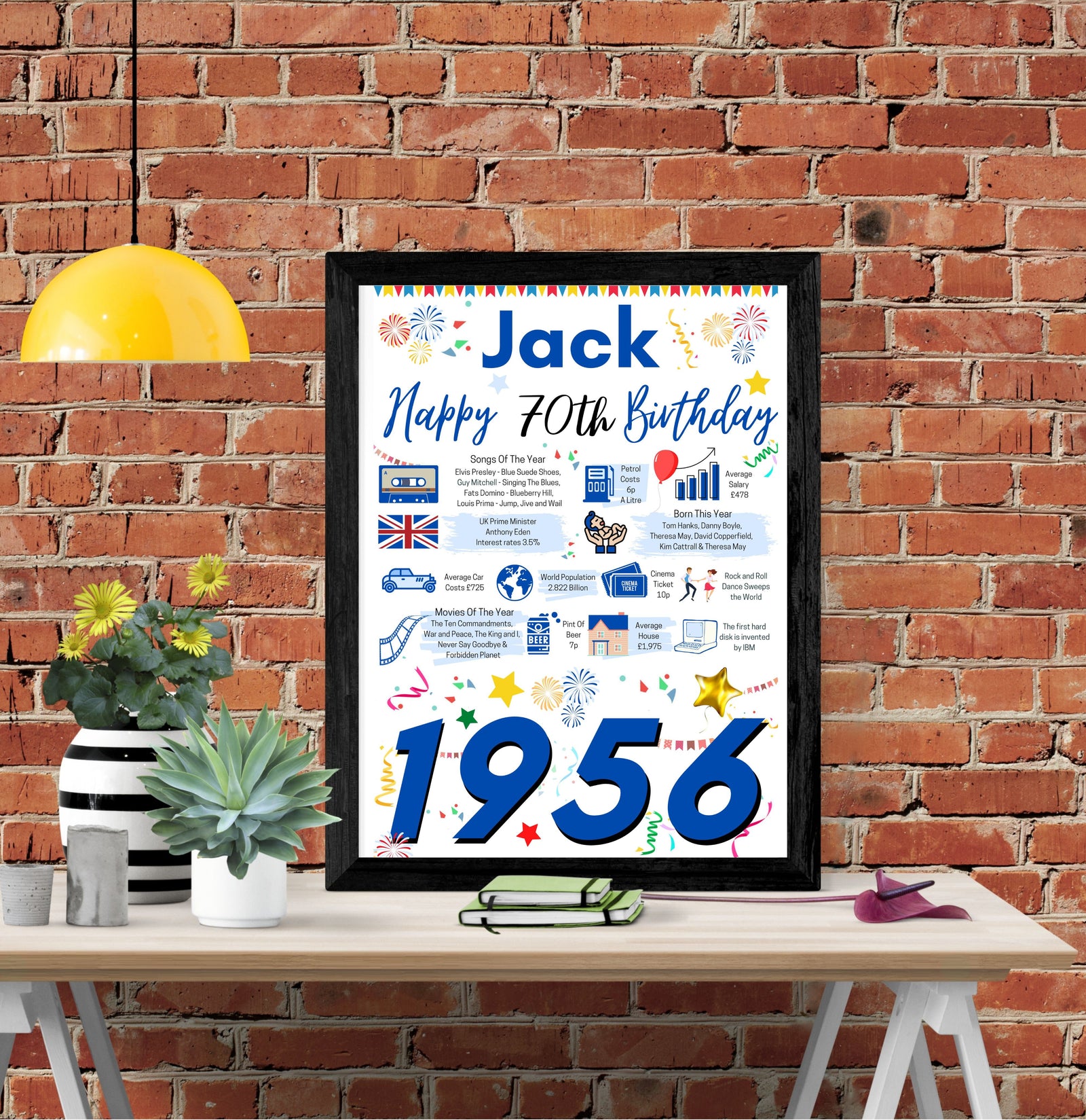 70th Birthday Poster Present Gift + Personalised Name For Him 1956 Birth Year UK