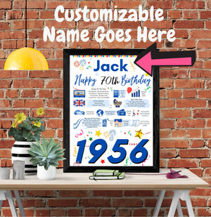 70th Birthday Poster Present Gift + Personalised Name For Him 1956 Birth Year UK