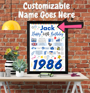 40th Birthday Gift For Him, Personalised Birthday Poster For Son Husband Dad Brother Uncle friend Boyfriend