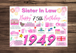 75th Birthday Card For Sister In law, 75 Birthday Card For Her, Happy 75th Greetings Card Born In 1949 Facts Milestone