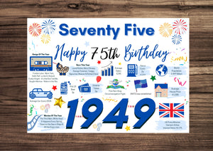 75th Birthday Card For Him, Birthday Card For Dad Brother Friend Seventy Five , 75 Happy 75th Greetings Card Born In 1949 Facts Milestone