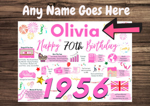 Personalised 70th Birthday Card, Enter Any Name, Born In 1956 Facts Milestones