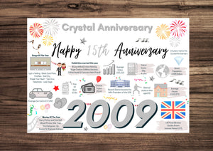 15th Wedding Anniversary Card, Crystal Wedding 2009 Year of Marriage Facts