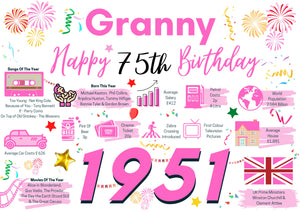75th Birthday Card For Granny,75  Birthday Card For Her, Born In 1951 Facts Milestone