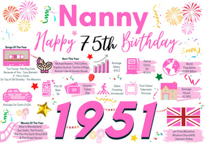 75th Birthday Card For Nanny, Birthday Card For Her, Born In 1951