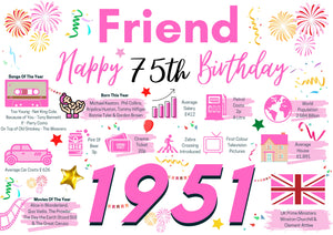 75th Birthday Card For Her, Birthday Card For a Friend , Born In 1951