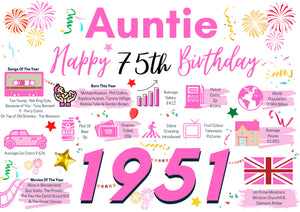 75th Birthday Card For Auntie, Birthday Card 75 For Her, Born In 1951