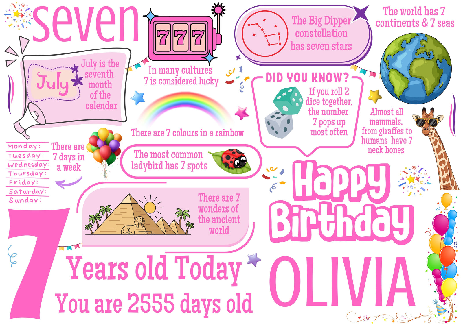 Personalised 7th Birthday Card for her, Daughter, Sister, Granddaughter, Niece