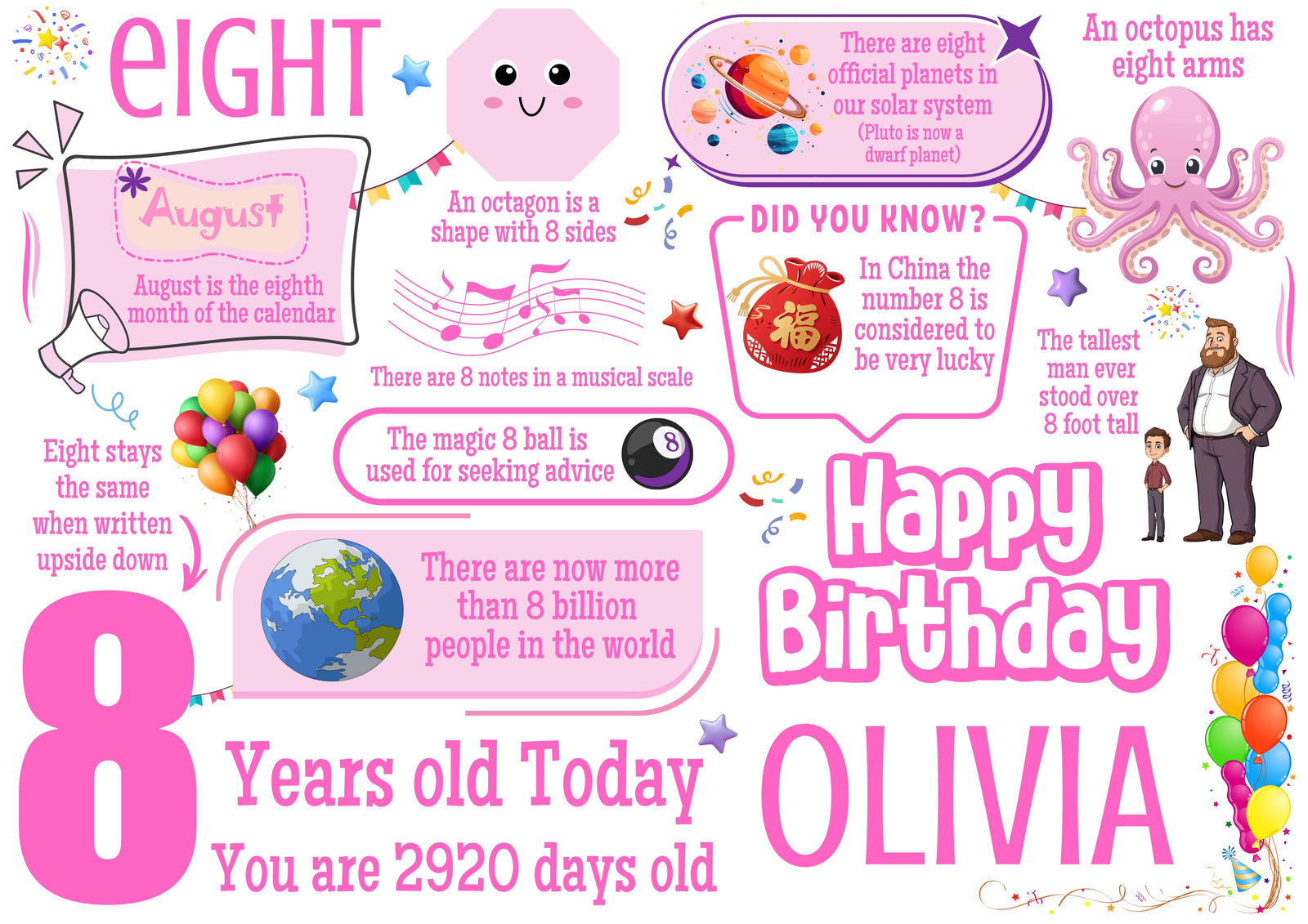 Personalised 8th Birthday Card for her, Daughter, Sister, Granddaughter, Niece