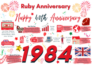 40th Wedding Anniversary Card, Ruby Wedding 1984 Year of Marriage Facts