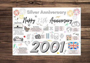25th Wedding Anniversary Card, Silver Wedding Year of Marriage Facts