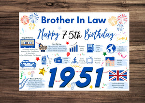 75th Birthday Card For Brother In law, Birthday Card For Him, Born In 1951