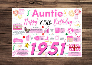 75th Birthday Card For Auntie, Birthday Card 75 For Her, Born In 1951