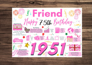 75th Birthday Card For Her, Birthday Card For a Friend , Born In 1951