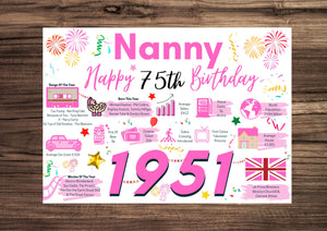 75th Birthday Card For Nanny, Birthday Card For Her, Born In 1951
