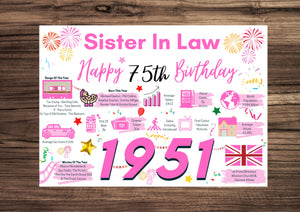 75th Birthday Card For Sister In law, 75 Birthday Card For Her, Born In 1951