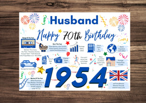 70th Birthday Card For Husband, Born In 1954 Facts Milestone