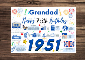 75th Birthday Card For Grandad, Birthday Card For Him, Born In 1951