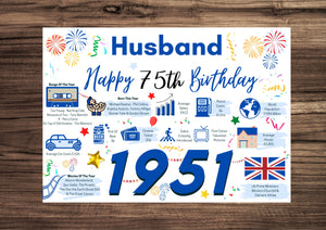 75th Birthday Card For Husband, 75 Birthday Card For Him, Born In 1951 Facts Milestone