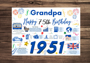 75th Birthday Card For Grandpa, Birthday Card For Him, Born In 1951