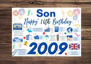 16th Birthday Card For Son, Born In 2009 Facts Milestone