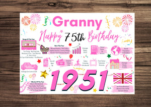 75th Birthday Card For Granny,75  Birthday Card For Her, Born In 1951 Facts Milestone