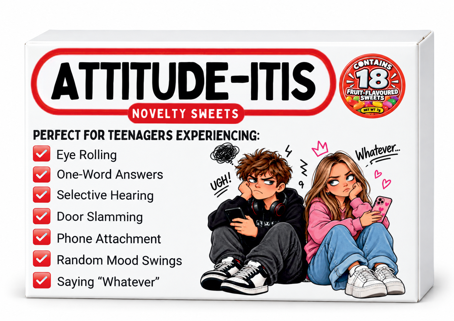 Temporary 3D packaging mockup of unisex Attitude-Itis novelty sweets