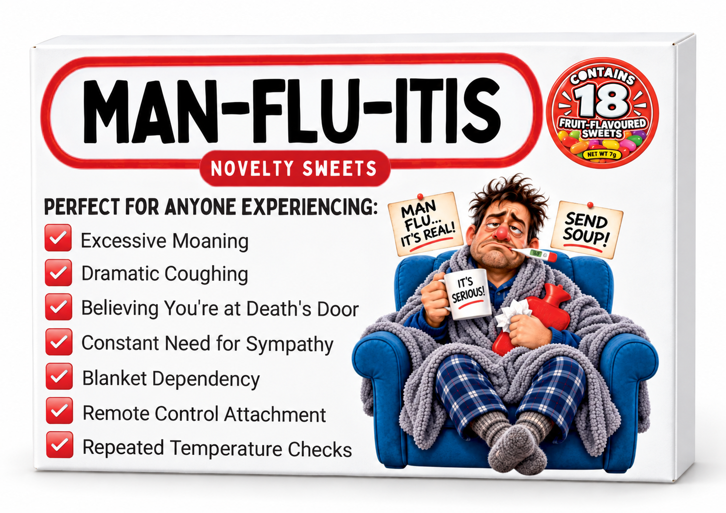 Temporary 3D packaging mockup of Man-Flu-Itis novelty sweets