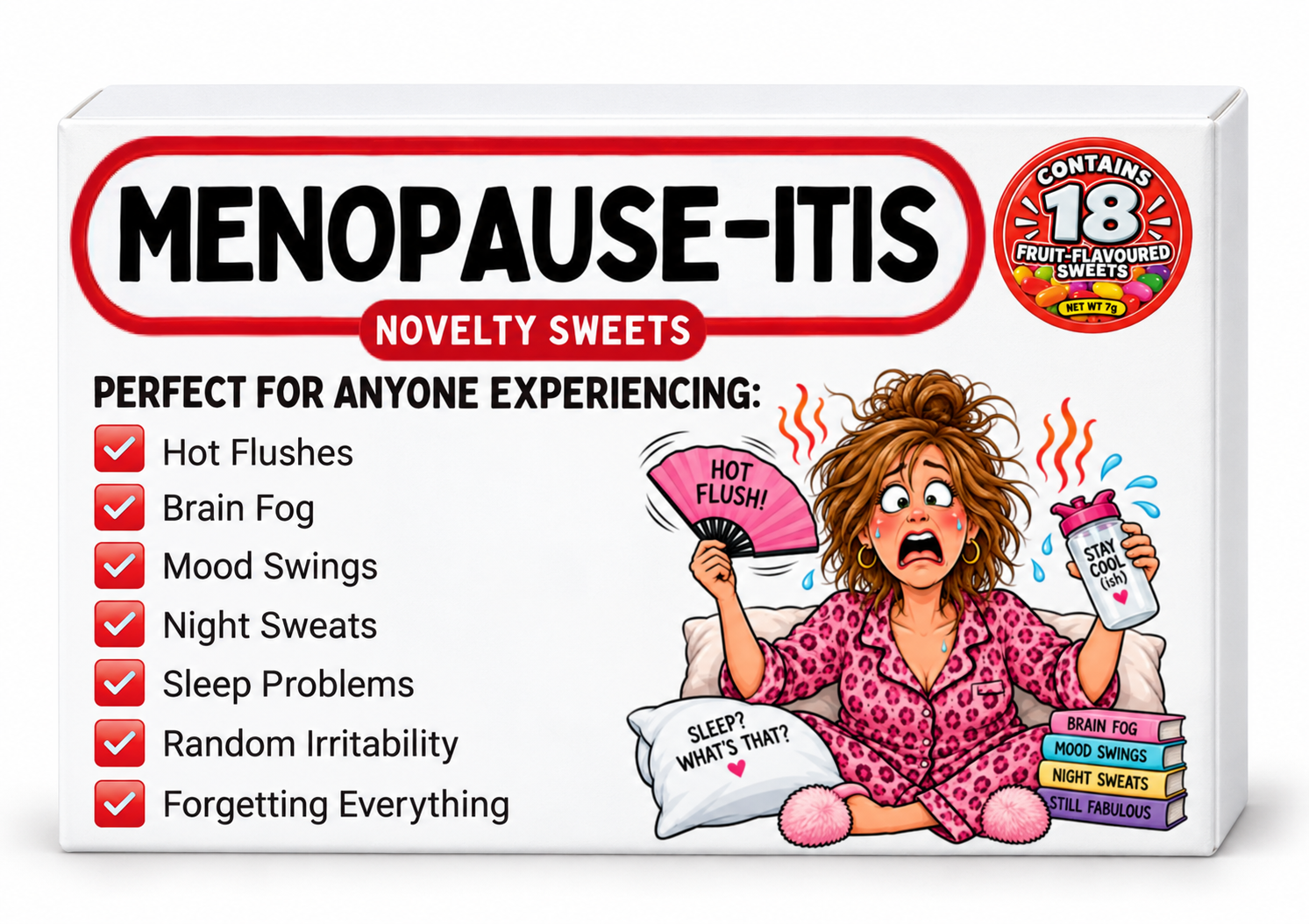 Temporary 3D packaging mockup of Menopause-Itis novelty sweets