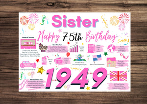 75th Birthday Card For Sister, 75 Birthday Card For Her, Happy 75th Greetings Card Born In 1949 Facts Milestone