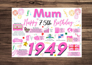 75th Birthday Card For Mum, Birthday Card 75 For Her, Happy 75th Greetings Card Born In 1949 Facts Milestone