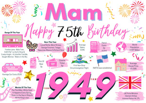 75th Birthday Card For Mam, Birthday Card 75 For Her, Happy 75th Greetings Card Born In 1949 Facts Milestone