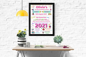 Personalised 1st First Day Of School Poster, Full of Facts of 2021 for UK in Pink